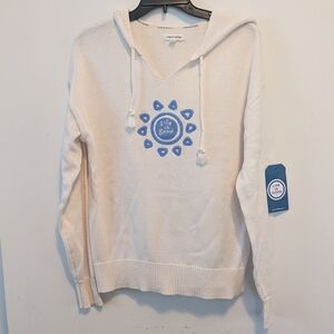 Life is Good Women's Cream Hoodie Sweater with Blue Sun Logo